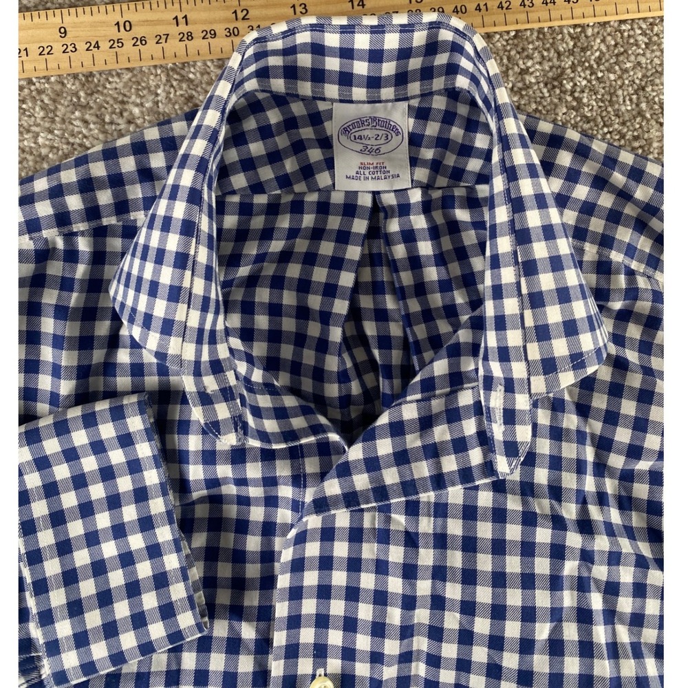 Brooks Brothers Mens S Slim Fit Non-Iron Gingham Dress Shirt Blue 14.5 2/3